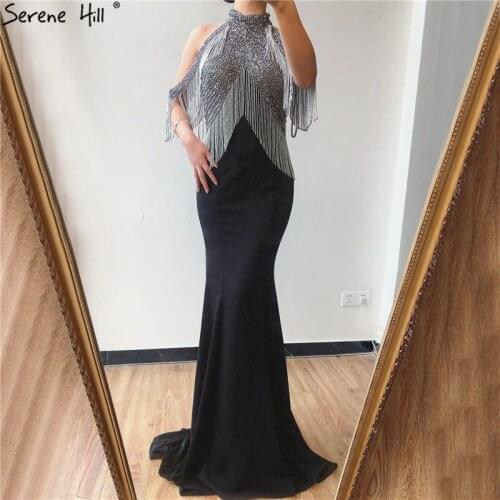 Serene Hill Black Mermaid Sexy Jersey Evening Dresses Gowns 2020 Luxury Beading Tassel Elegant For Women Party LA70346
