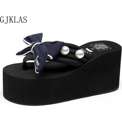 Size 41 Flip Flop Wedges Big Bow Shoes Women Thick Platform Slippers Summer Beach Shoes High Heels Outdoor Slippers Female Shoes