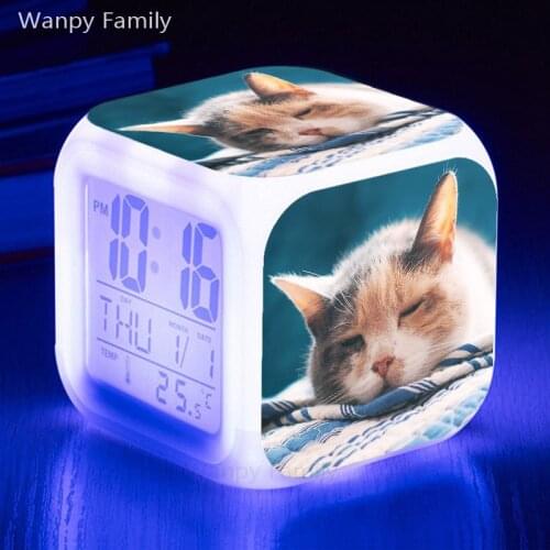 Sleeping Cat LED Alarm Clock Children 7 Colors Changing Digital Desk Clocks Night Light Cube Clock Kids Birthday Gifts