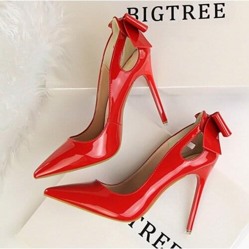 BIGTREE Shoes Women Heels Bow-knot Patent Leather Stiletto Woman Pumps Red White High Heel Fetish Party Wedding Bridal Shoe Lady