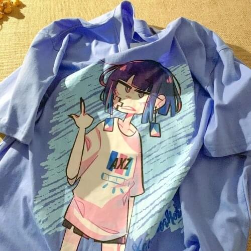 Harajuku 100% Cotton Crop Top Japanese y2k Anime Kawaii Comic Print Ulzzang Casual Short Sleeved Oversized T-shirt Women Tops