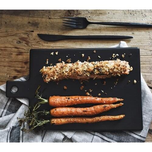 Japanese Plain Black Ceramic Bread Chopping Board Ceramic Cake Pizza Plate Retro Rectangular Handle Tray Dessert Plate