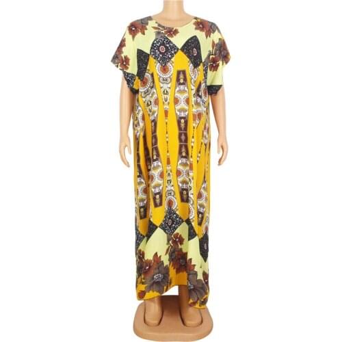 Yellow Floral Printed Loose Short Sleeve Bohemian African Dresses Multicolored Chic O Neck Fashion Women Maxi Dresses