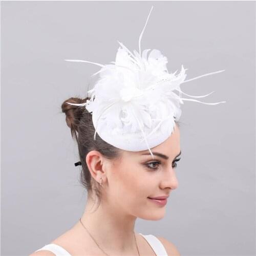 White Feather Fascinator Hat Women Fancy imitation sinamay chapeau caps Hair Clip elegant ladies female race Cocktail Tea Party
