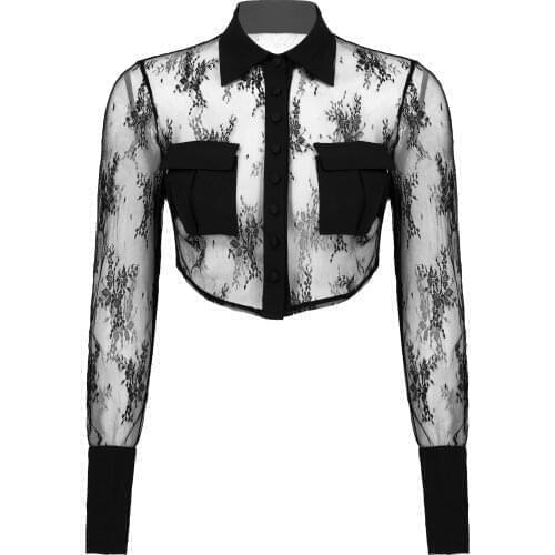 Womens Sexy Crop Tops See-through Floral Lace Cropped Shirt Fashion Turn-down Collar Long Sleeve Button Down Blouse Top Clubwear