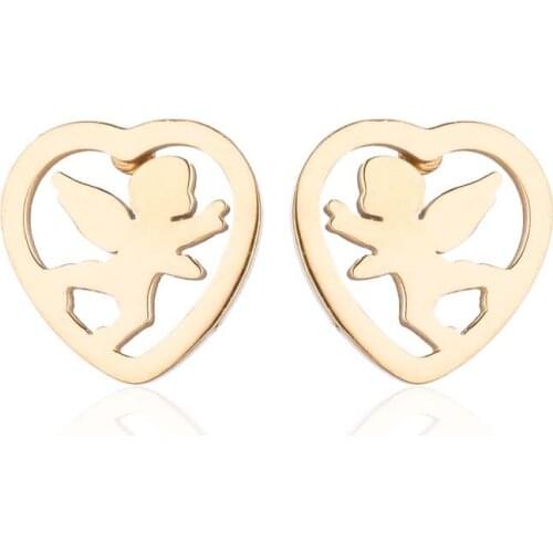 Chic Gold Color Holy Angel Stud Earrings for Women Children Jewelry Gift Stainless Steel Romantic Heart Earings