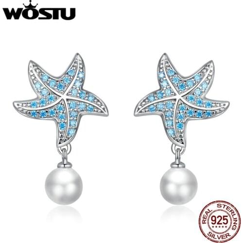 WOSTU Hot Summer 925 Sterling Silver Ocean Starfish Women Drop Earrings for Women Blue CZ Zircon Silver Earrings Jewelry CTE405