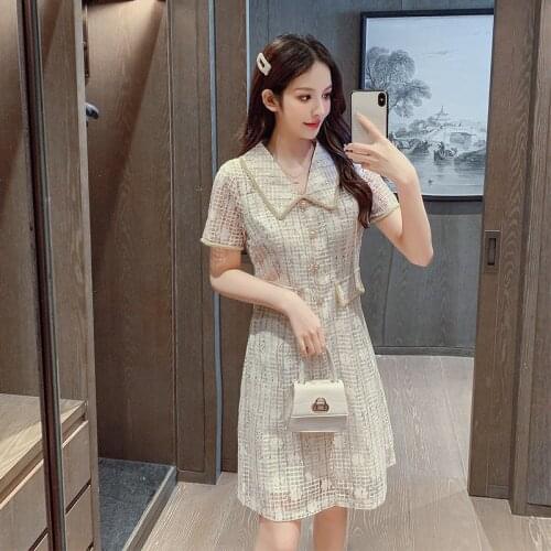 Women Weave Hollow Out Tweed Dress 2021 Korean Chic Summer Retro Elegant Pearls Single Breasted Waist-Slim Plaid Lace Vestidos