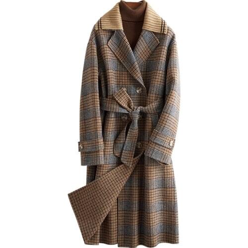 2021 New Autumn and Winter Plaid Suit Collar Long Korean Slim Tweed Coat