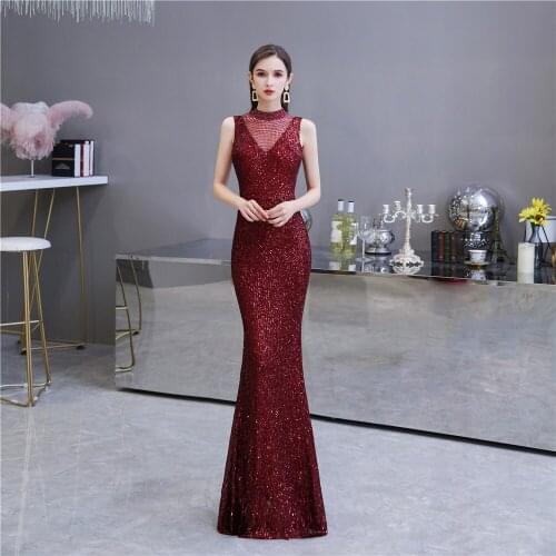 Deep Red Prom Gown High Neck Mermaid Floor Length Evening Dress