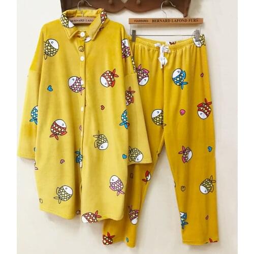 Winter Double Sided Fluffy Cute Goldfish Lapel Long-sleeve Pajamas Lovely Pyjamas for Women Comfortable Women Pajamas Set