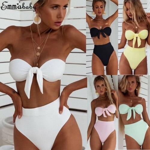 2019 Summer Sexy Solid Color Women Swimsuit Push-Up Bra Knotted Tube Bikini Set Two Piece Swimwear High Waist Women Bathing Suit