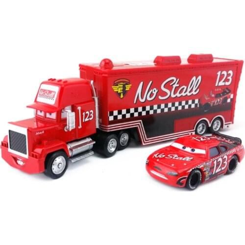 Disney Pixar Cars Lightning Mcqueen 2pcs No.123 No Stall Mack Truck & Racer Hauler Truck Diecast Metal Model Toys Cars For Kids