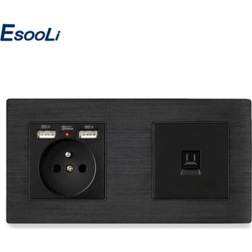 Esooli French Standard Black Aluminum Metal Panel Socket with Dual USB Outlet RJ45 Internet Jack Connector Computer Outlet