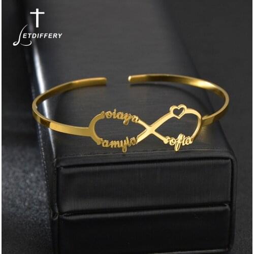 Letdiffery Custom Infinity Symbol Nameplate Bangles Personalized Couple Family Stainless Steel Name Bracelets Jewelry Gifts