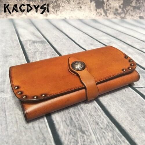 Handmade Luxury Nature Cow Leather Long Unisex Men Wallet Trifold Hand Colored Quality Tanned Women Purse Money Clip Coin Pocket
