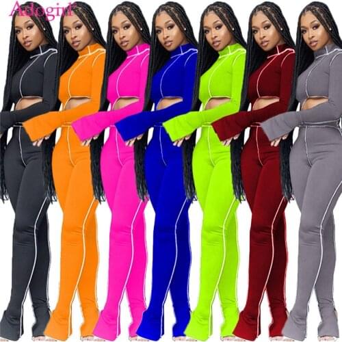Adogirl 2020 Autumn Casual Two Piece Set Women Tracksuit Long Sleeve Irregular Crop Tops Stacked Flare Pants Active Suit Outfits