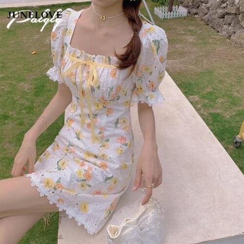 Sexy Kawaii Floral Mini Dress 2021 Summer Korean Fashion Casual Clothes for Women Lace Print Short Sleeve Sweet Cute Dress Boho