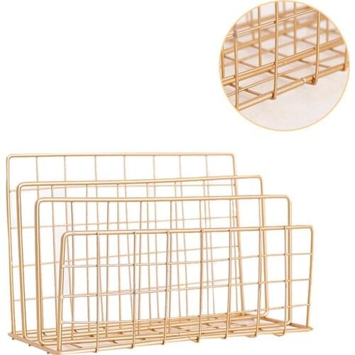 Gold Metal Grid Wrought File Rack Desktop Storage Rack Bookshelf Record Magazine Organizer Holder Dormitory Office Supply HOT