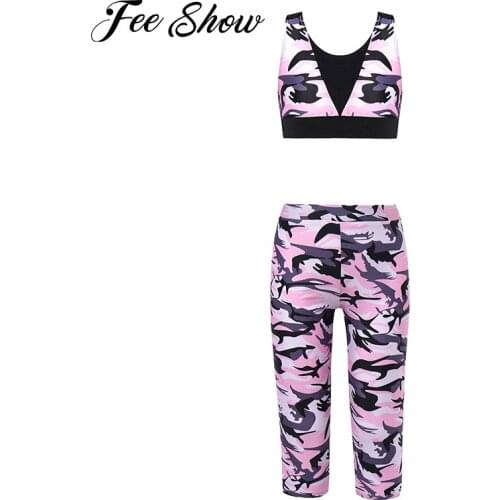 Sportwear for Girls Kids Tracksuit Athletic Suit Dance Outfits Camouflage Sports Crop Impact Cut Out Sport Top Bra and Pants Set