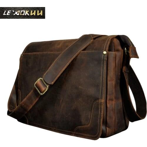 Crazy Horse Leather Male Retro Design Casual Shoulder Messenger Crossbody bag Fashion Laptop Satchel University School bag 2088
