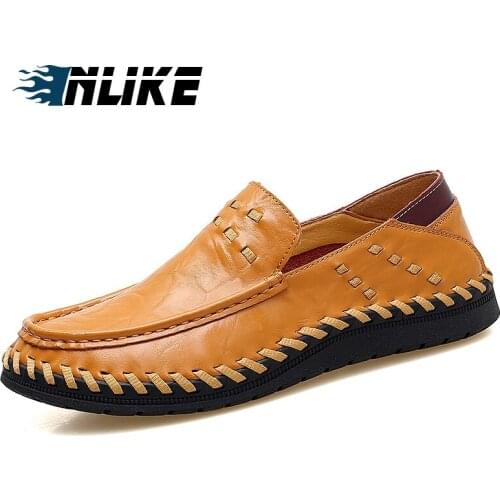 Inlike Big Size Men Flat Shoes Cow Leather Men Loafers Breathable Slip-On Men Driving Shoes