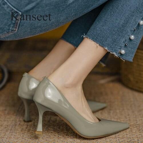 Kanseet Shoes 2021 Autumn Womens Pumps Sexy Pointed Toe Cow Patent Leather Party Office Ladies Concise High Heels Shoes Female