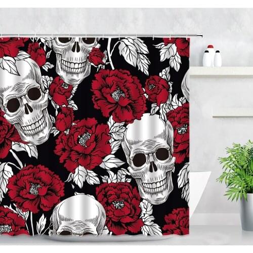 Flower Sugar Skull Shower Curtain Red Floral Skeleton Halloween Day of the Dead Decor Waterproof Cloth Bathroom Bathtub Curtains