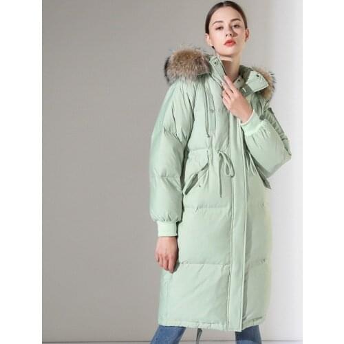 2020 New Raccoon Fur Collar 90% White Duck Down Jacket Womens Down Thick Solid Zipper Long Slim Womens Tops and Blouses