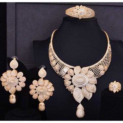Blachette Blossom African Beads Dubai Indian Wedding Jewelry Sets CZ Necklace Earrings Bracelet Rings 4PCS Women Zircon Jewelry