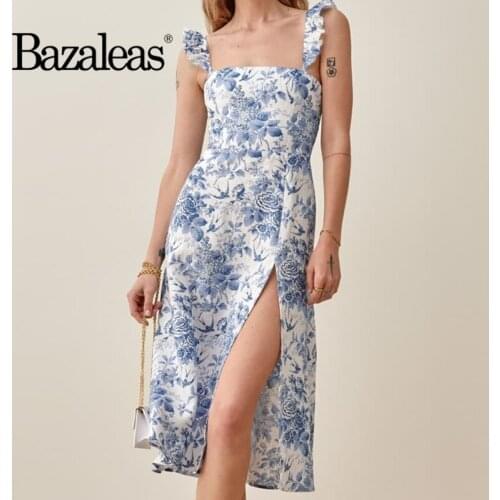 Bazaleas Sexy Blue Big Floral Print Side Split Vestidos Retro Ruffles Tank Dress Vintage Spaghetti Straps Midi Women Dress
