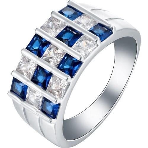 Hainon Silver Color Wedding Ring Jewelry Setting Royal Blue Square Zircon Luxury Fashion Vintage Finger Wedding Band for Women