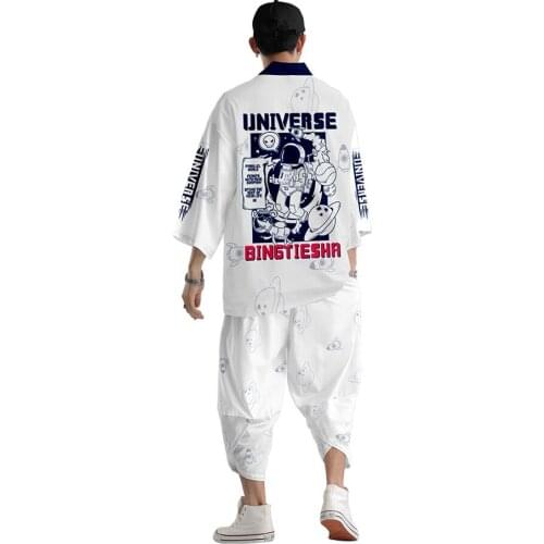 Space Aerospace Printed Kimono Cardigan Men Japanese Traditional Casual Loose Thin Set Coat Pants Asian Clothes Harajuku