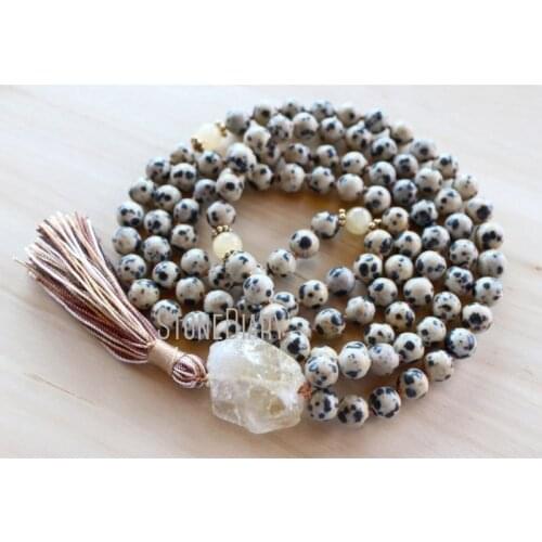 MN36765 Jasper 108 Calcite Citrine Mala Knotted Tassel Necklace Yoga Jewery Meditation Beads Spiritual Boho Jewelry
