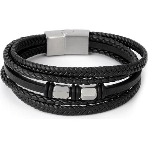 Multilayer Genuine Leather Rope Bracelets Stainless Steel Braided Wristband Magnet Clasps Black Color Men Bracelets Punk Jewelry