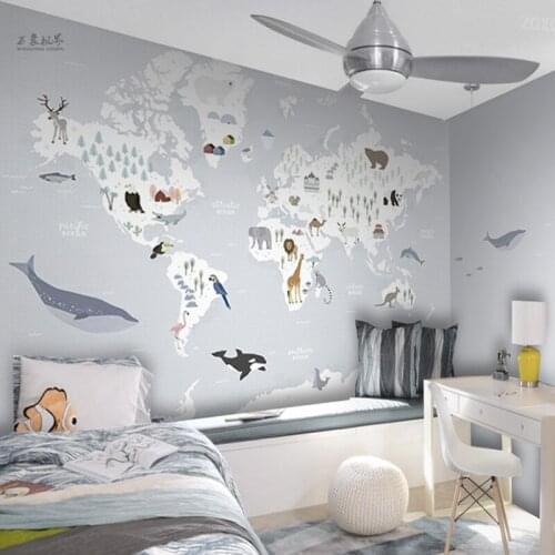 Hand drawn world map cartoon small animal childrens mural Boy Girl Bedroom toy room custom wallpaper papel DE parede Waterproof