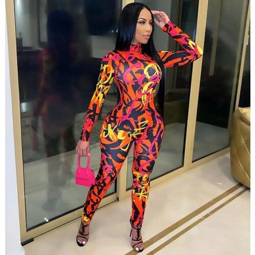New graffiti print fashion stand-up collars, long sleeves and buttock lift jumpsuits