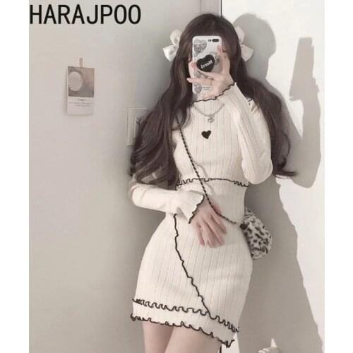 Harajpoo Women Dresses Autumn Winter Chic Temperament Sweet Design Knitted Inner Slim Thin All Match Base Korean Mini Vestidos