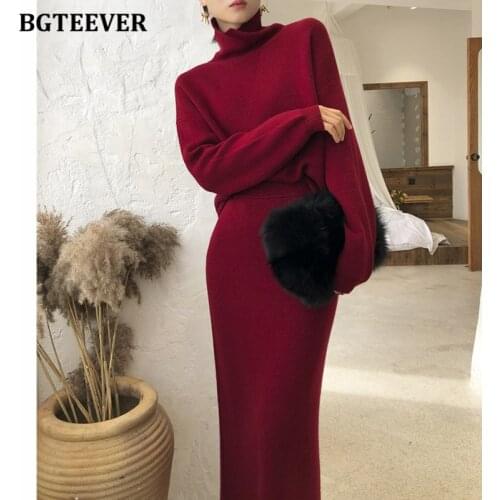 BGTEEVER Autumn Winter Ladies 2 Pieces Sweater Set Women Turtleneck Pullover Jumpers & Elastic Mid-length Pencil Knitted Skirts