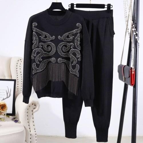 Manual Beaded Chain Tassel Casual Tracksuit Outfits Women Black Grey O Neck Pullover Sweater Pencil Pant Female Knit Sport Sets