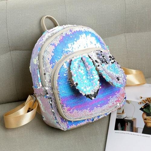 Sequined Backpack Creative Bunny Ears Fashion Portable Travel PU Back Bags Purple Schoolbag for Students Females Women Girls