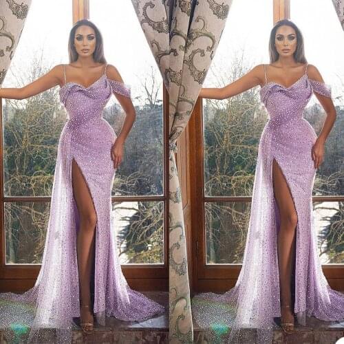 Purple Glitter Sequined Prom Dresses Sexy Spaghetti Strap Side Split Sequins Mermaid Evening Gowns African Party Club Outfit
