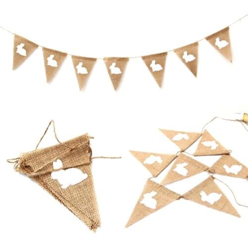 2.2M Vintage Jute Hessian Burlap Rabbit Pennant Hanging Bunting Banner Garland Easter Party Decoration Easter Festival Banner