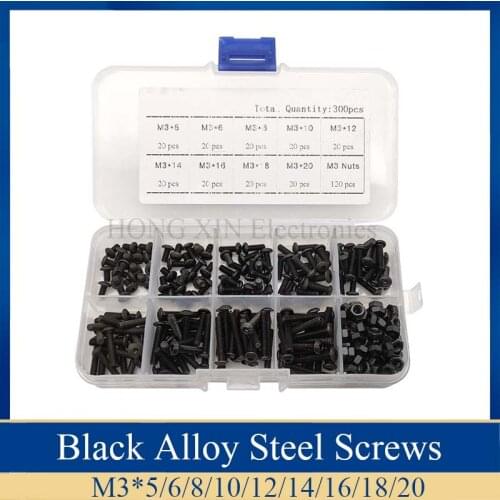 300pcs M3(3mm) Black Alloy Steel High Tensile Allen Bolts Hex Button Flat Socket Head Cap Screws Nuts Washer Set