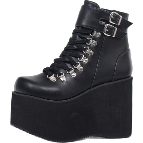 Women Ankle Boots 11CM High Wedge Heel Thick Platform Rubber Sole Buckle Strap Japanese style Shoes