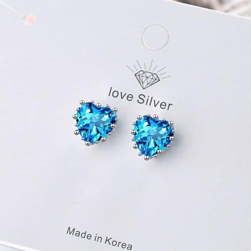 925 Sterling Silver Love Heart Earring Luxury Female Crystal Blue Zircon Stud Earrings For Women Wedding Party S-E1039