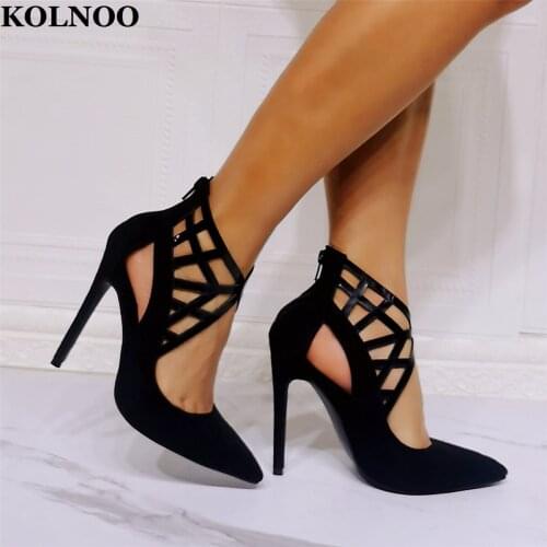 KOLNOO Real Photos Handmade Ladies High Heeled Pumps Kid-suede Pointed-Toe Large Size US5-15 Evening Party Fashion Court Shoes
