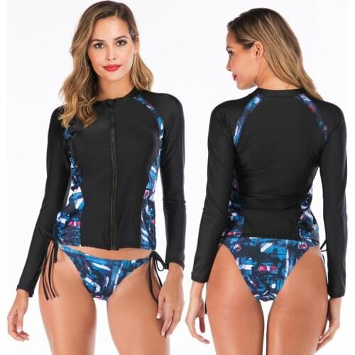 Women Two Pieces Swimsuit printing Sport front zipper Swimwear Female Summer Long sleeve Swimming Suits beach wear