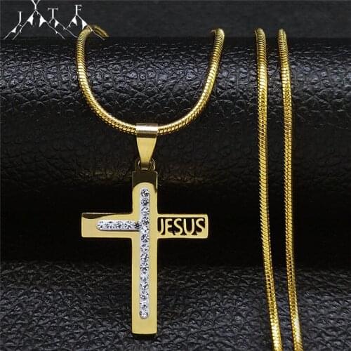 2021 Cross Crystal Stainless Steel Small Necklaces Gold Color Catholic Jesus Chain Necklaces Jewelry bijoux acier XH8027S05