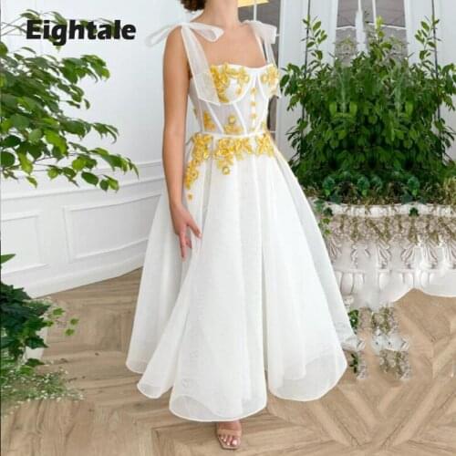 Eightale White and Gold Prom Dresses Spaghetti Strap A-Line Tea Length Backless Boning Evening Gown Celebrity Party Dress 2021